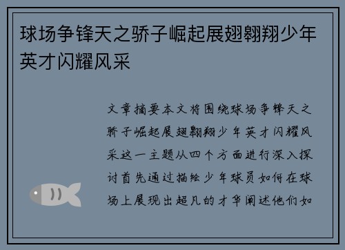 球场争锋天之骄子崛起展翅翱翔少年英才闪耀风采